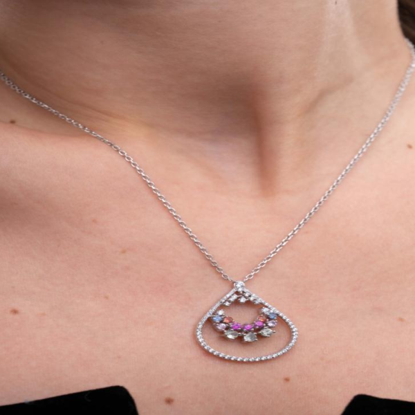Natural Mixed Sapphire and Lab Grown Diamond 14K Gold Drop Necklace