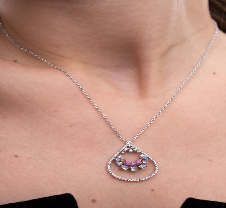 Natural Mixed Sapphire and Lab Grown Diamond 14K Gold Drop Necklace