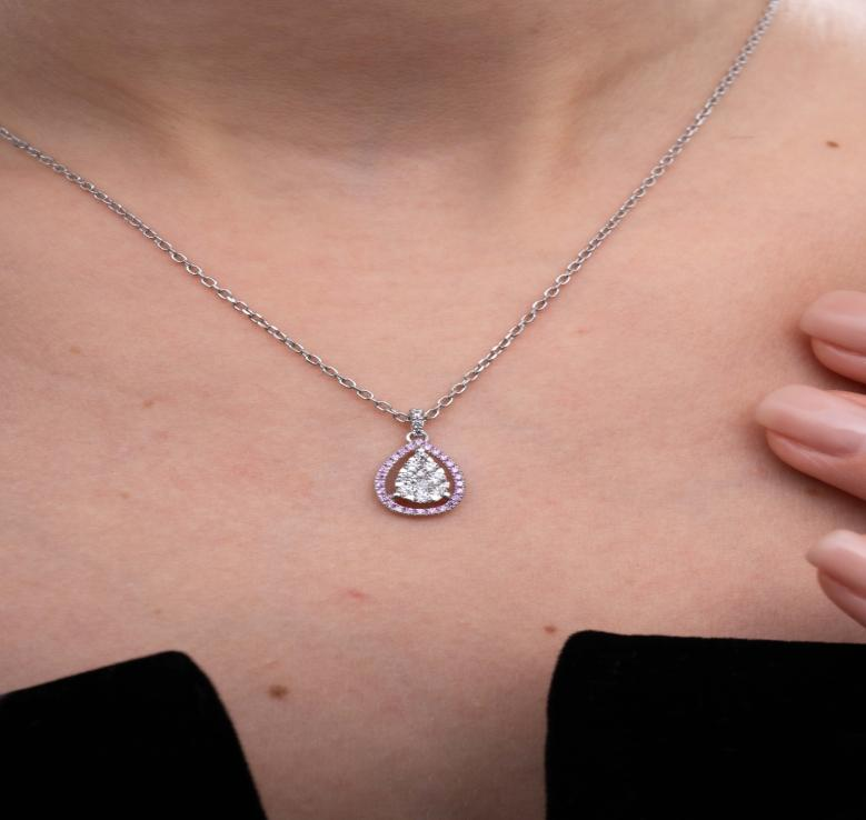 Natural Pink Sapphire and Lab Grown Diamond Teardrop 14K Gold Necklace