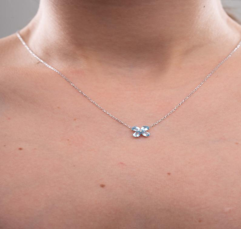 14K Gold Natural Aquamarine Flower Necklace