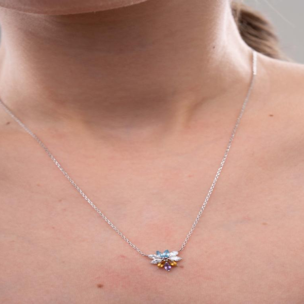 14K Gold Lab Grown Diamond and Colorful Natural Stone Lotus Necklace