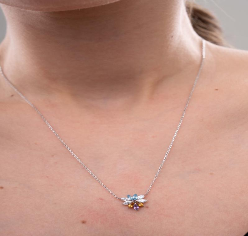 14K Gold Lab Grown Diamond and Colorful Natural Stone Lotus Necklace