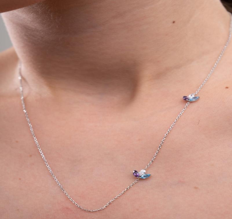 14K Gold Marquise Cut Natural Aquamarine and Natural Amethyst Lab Grown Diamond Necklace