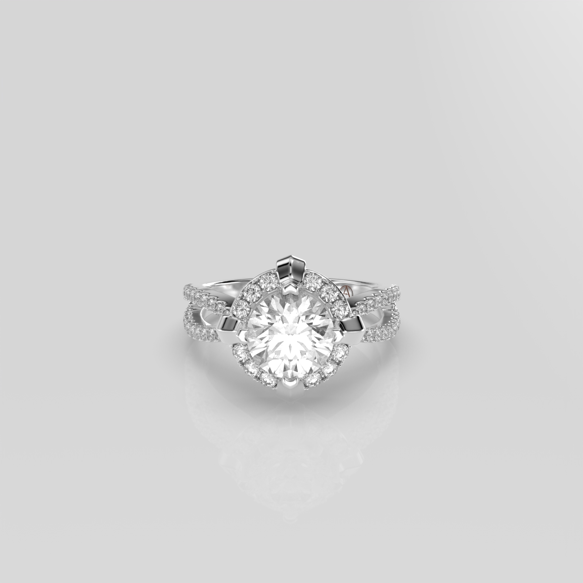 14K White Gold Round Halo Split Shank Engagement Ring