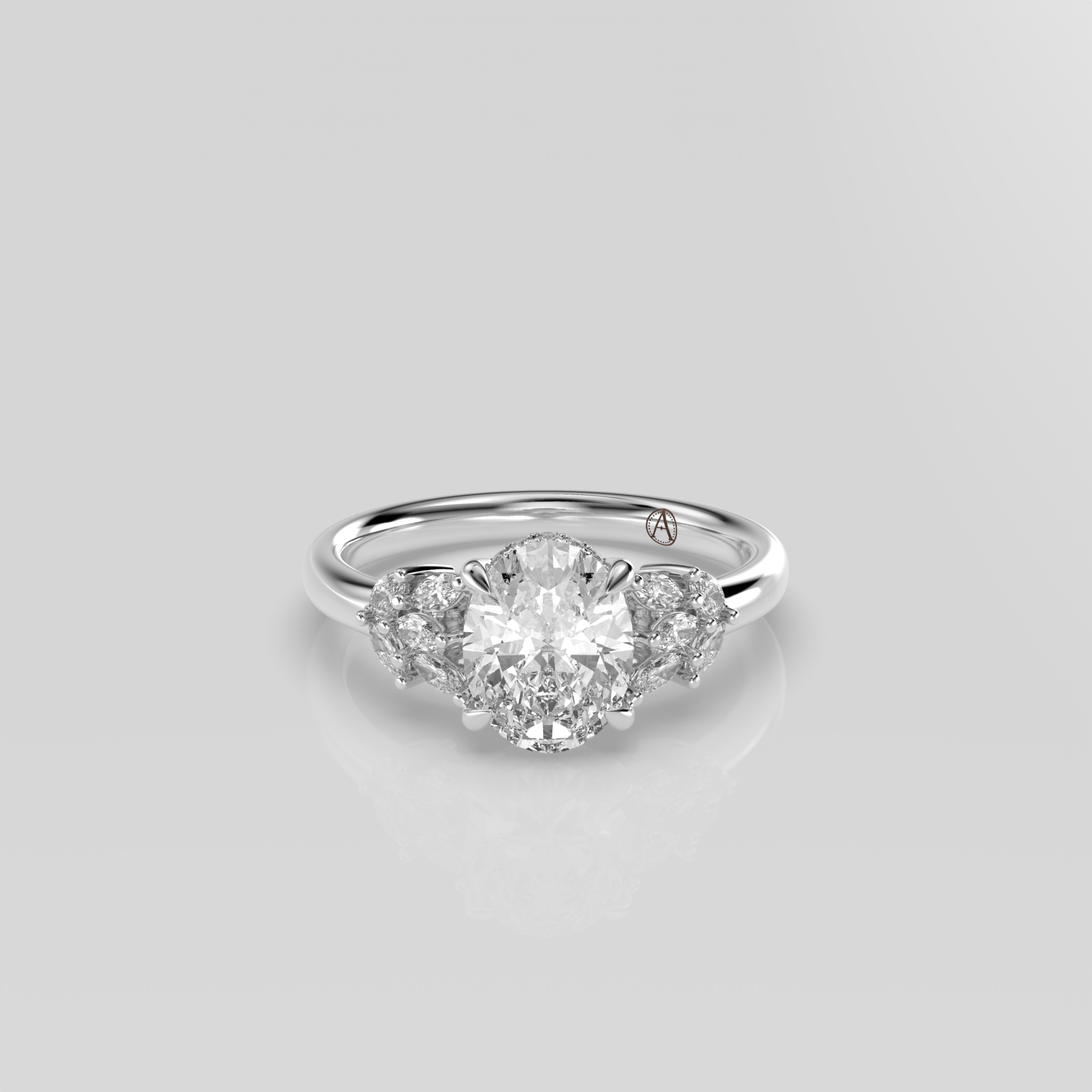 14K White Gold Oval Cluster Engagement Ring