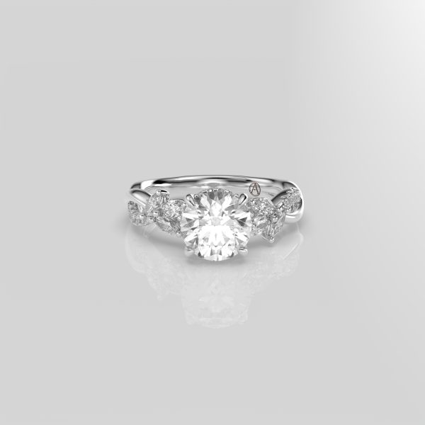 14K White Gold Round Leaf Vine Solitaire Engagement Ring