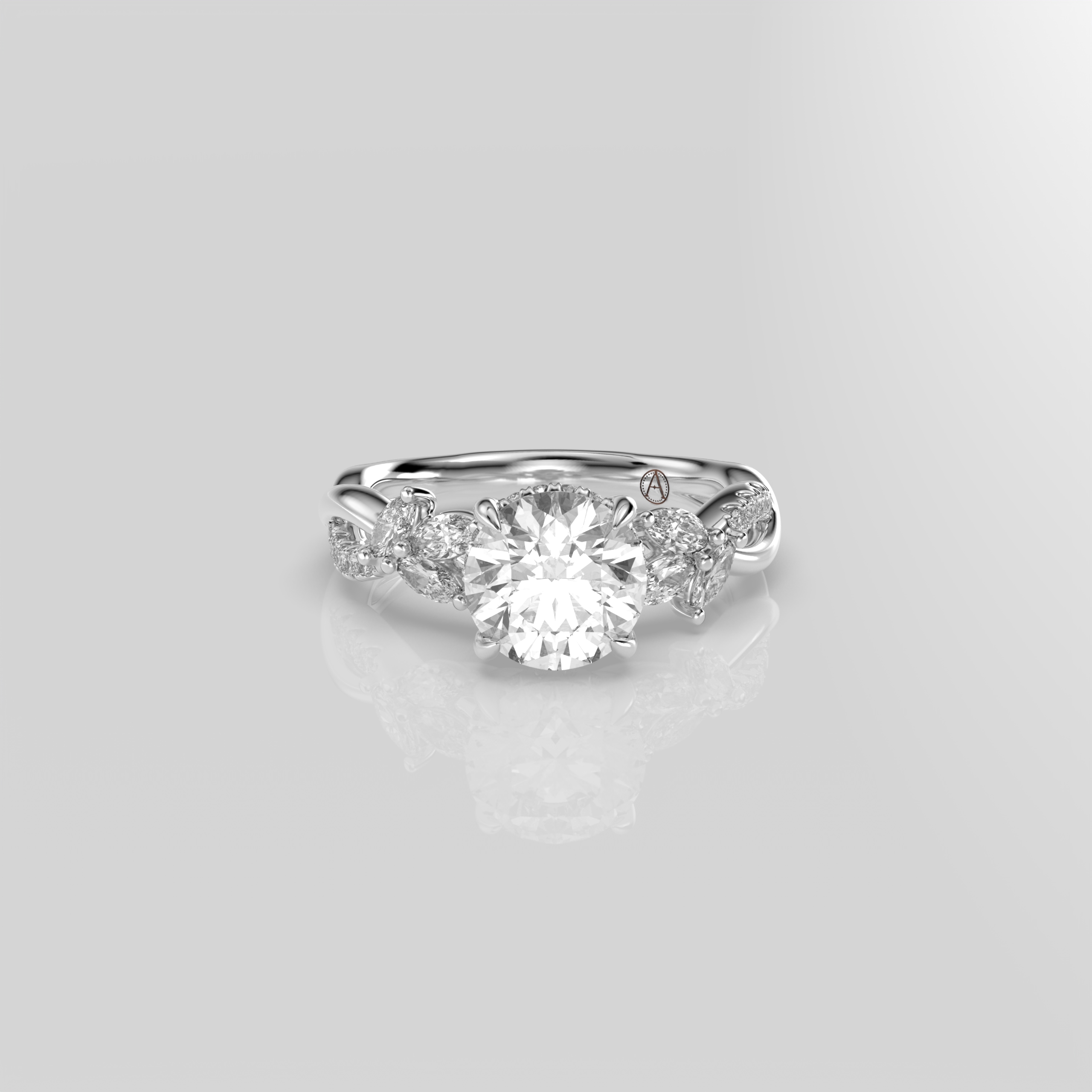 14K White Gold Round Leaf Vine Solitaire Engagement Ring