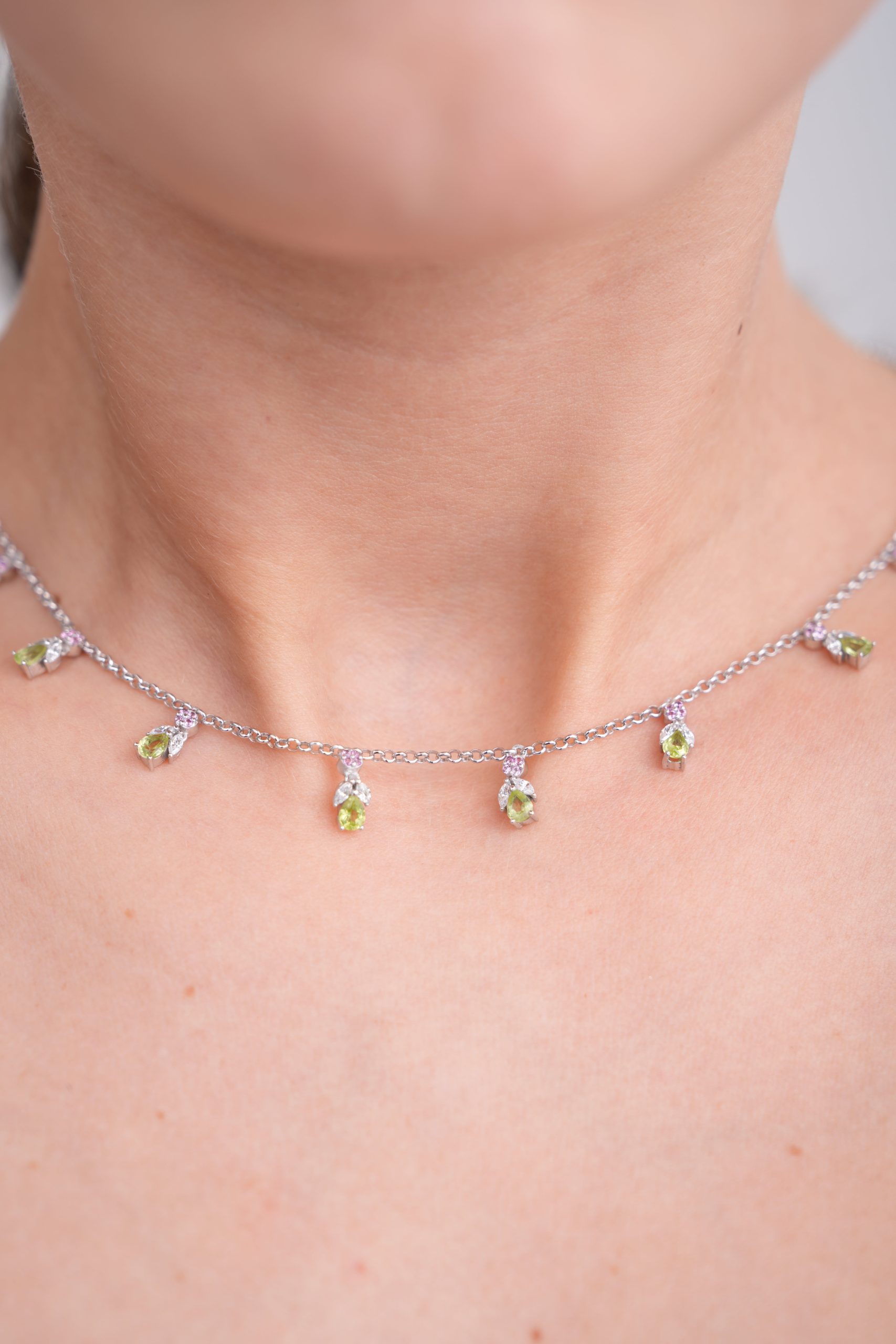 14K Gold Natural Pink Sapphire & Peridot Lab Diamond Necklace