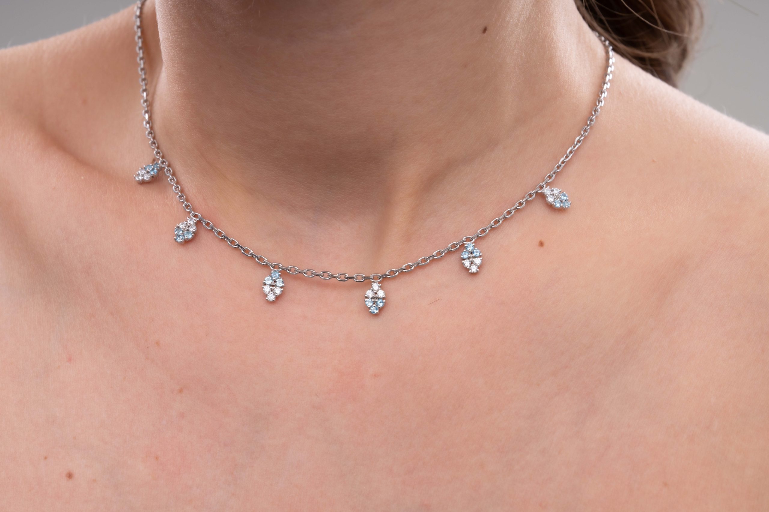 14K Gold Natural Aquamarine Lab Grown Diamond Choker