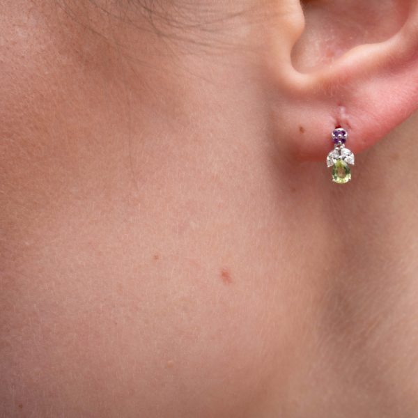 14K White Gold Peridot, Pink Sapphire and Lab Grown Diamond Earrings