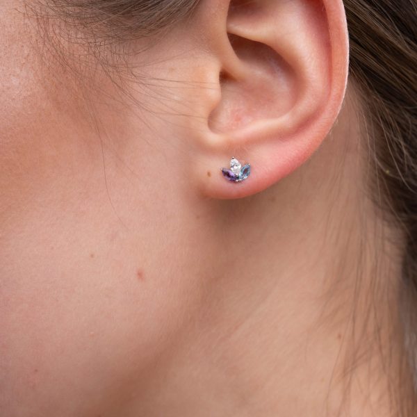14K White Gold Blue Topaz, Amethyst and Lab Grown Diamond Marquise Earrings