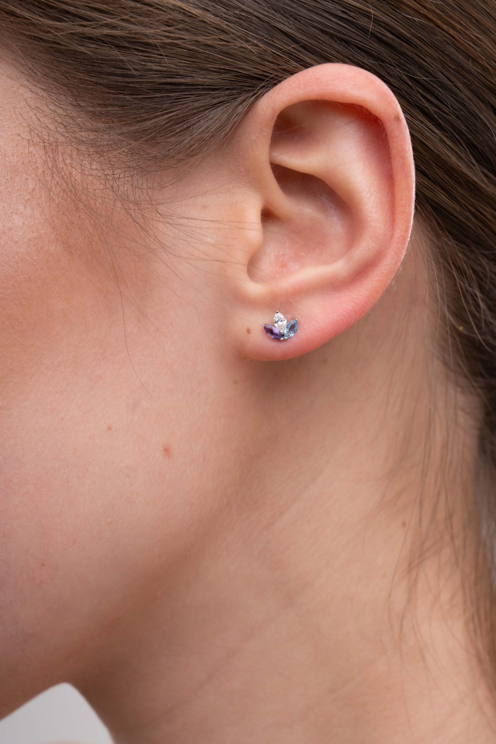 14K White Gold Blue Topaz, Amethyst and Lab Grown Diamond Marquise Earrings