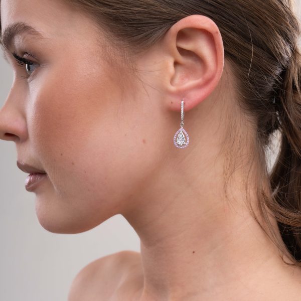 14K White Gold Pink Sapphire and Lab Grown Diamond Drop Earrings