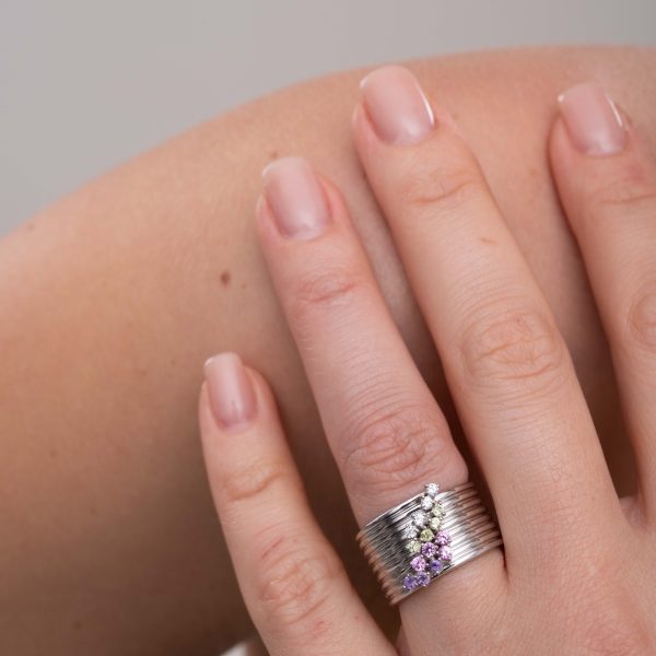 14K White Gold Ring with Natural Amethyst, Pink Sapphire, Peridot and Lab Grown Diamonds