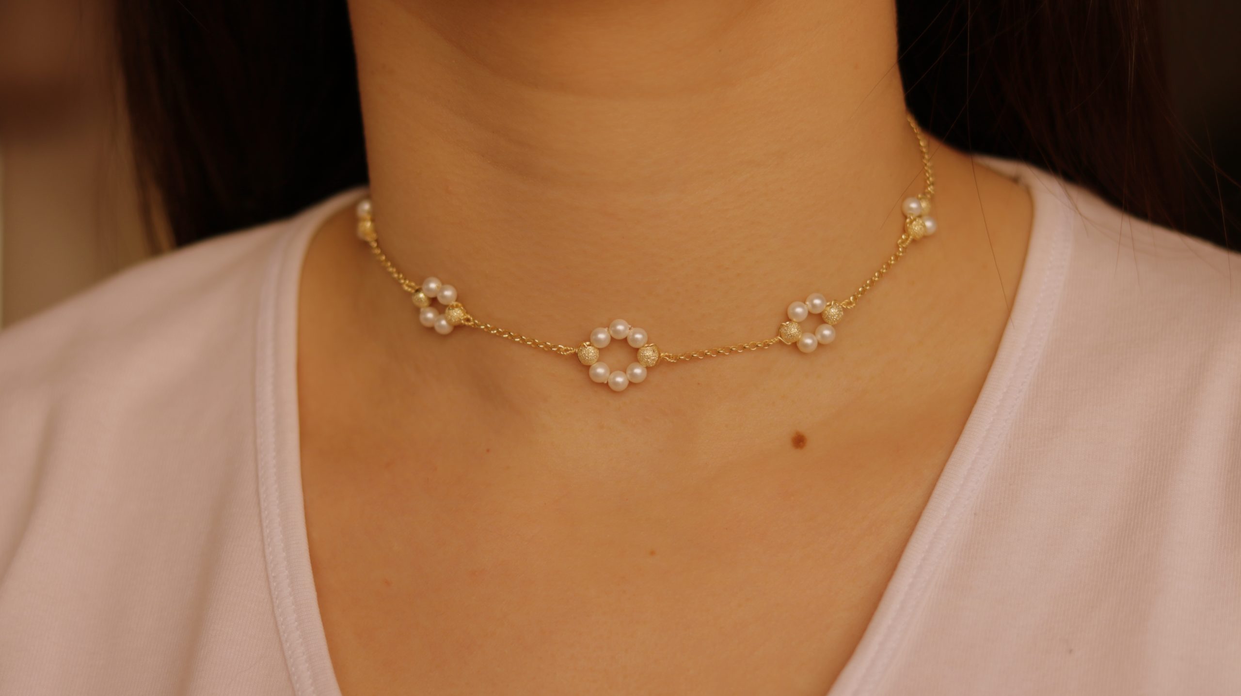 14K Yellow Gold Choker with Natural Pearl Flower Motif
