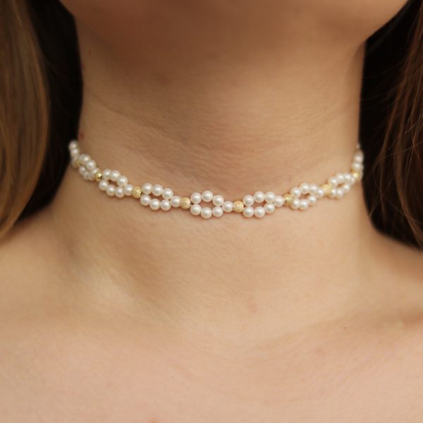 14K Yellow Gold Choker with Natural Pearls and Marguise Motif