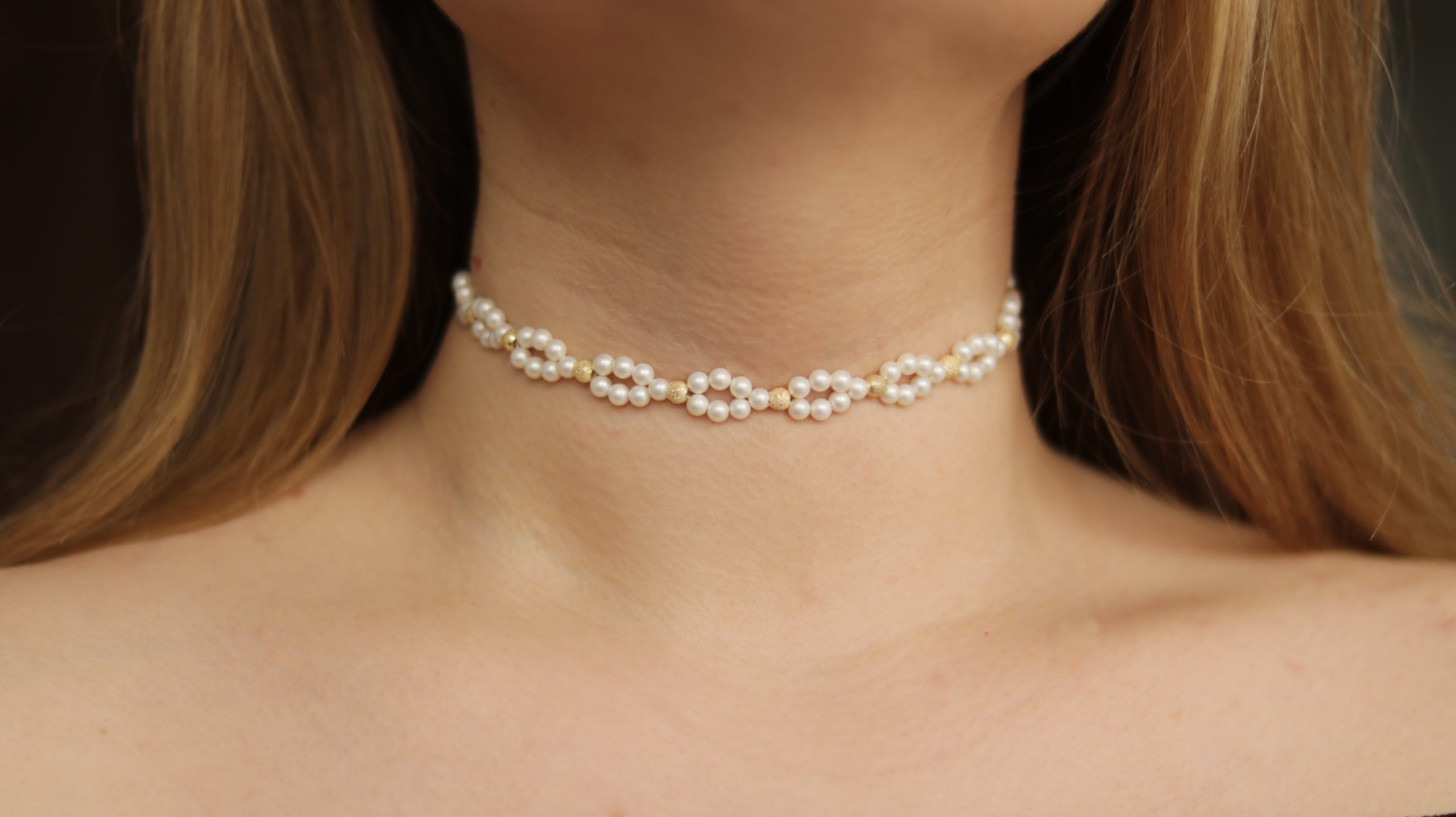 14K Yellow Gold Choker with Natural Pearls and Marguise Motif