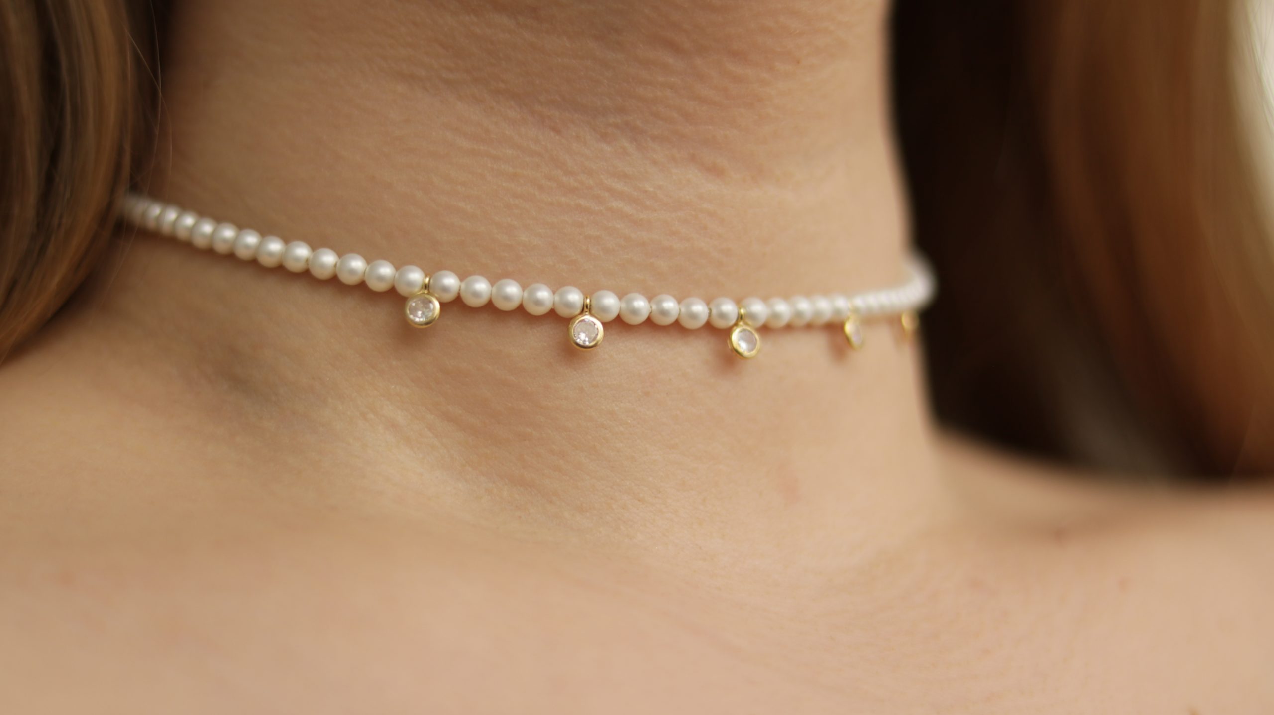 14K Gold, Natural Pearl and LG Diamond Choker