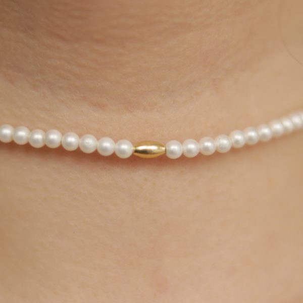 14K Gold Choker with Natural Pearl and Almond Gold Details