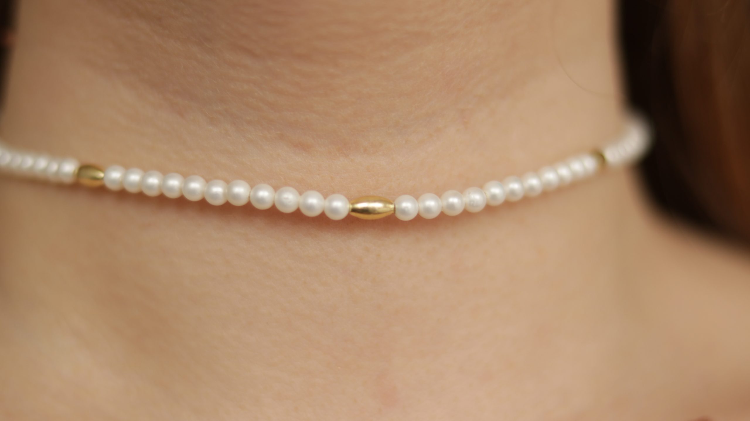 14K Gold Choker with Natural Pearl and Almond Gold Details