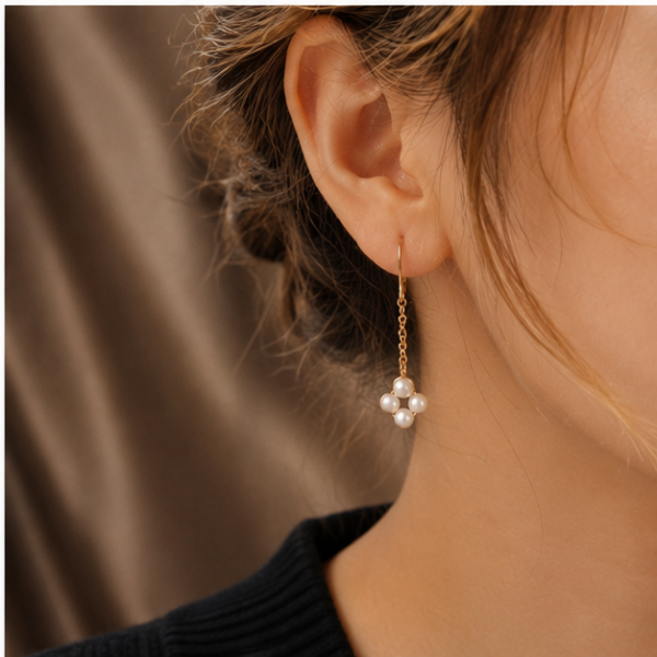 14K Gold Natural Pearl Clover Motif Dangle Earrings