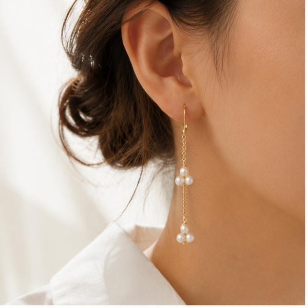 14K Gold Natural Pearl Double Clover Motif Dangle Earrings