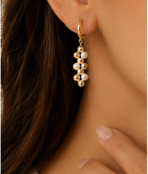 14K Gold Grape Cluster Motif Natural Pearl Earrings