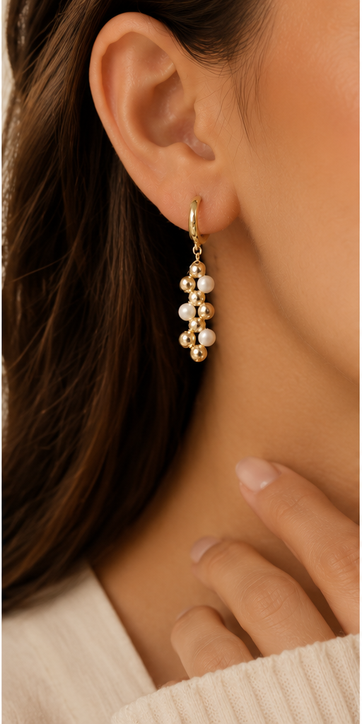 14K Gold Grape Cluster Motif Natural Pearl Earrings