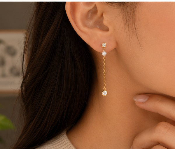 14K Gold Natural Pearl and Diamond Chain Dangle Earrings