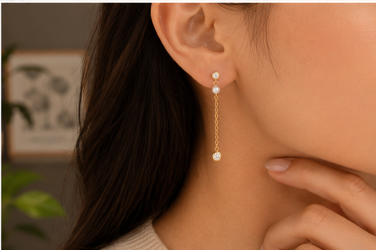 14K Gold Natural Pearl and Diamond Chain Dangle Earrings