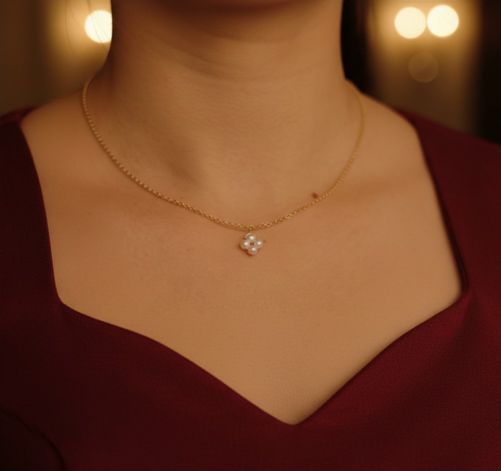 14K Gold and Natural Pearl Clover Necklace