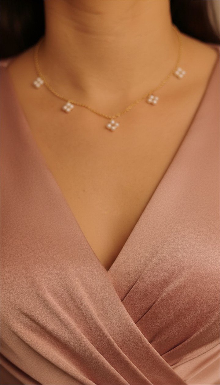 14K Gold Natural Pearl Clover Necklace