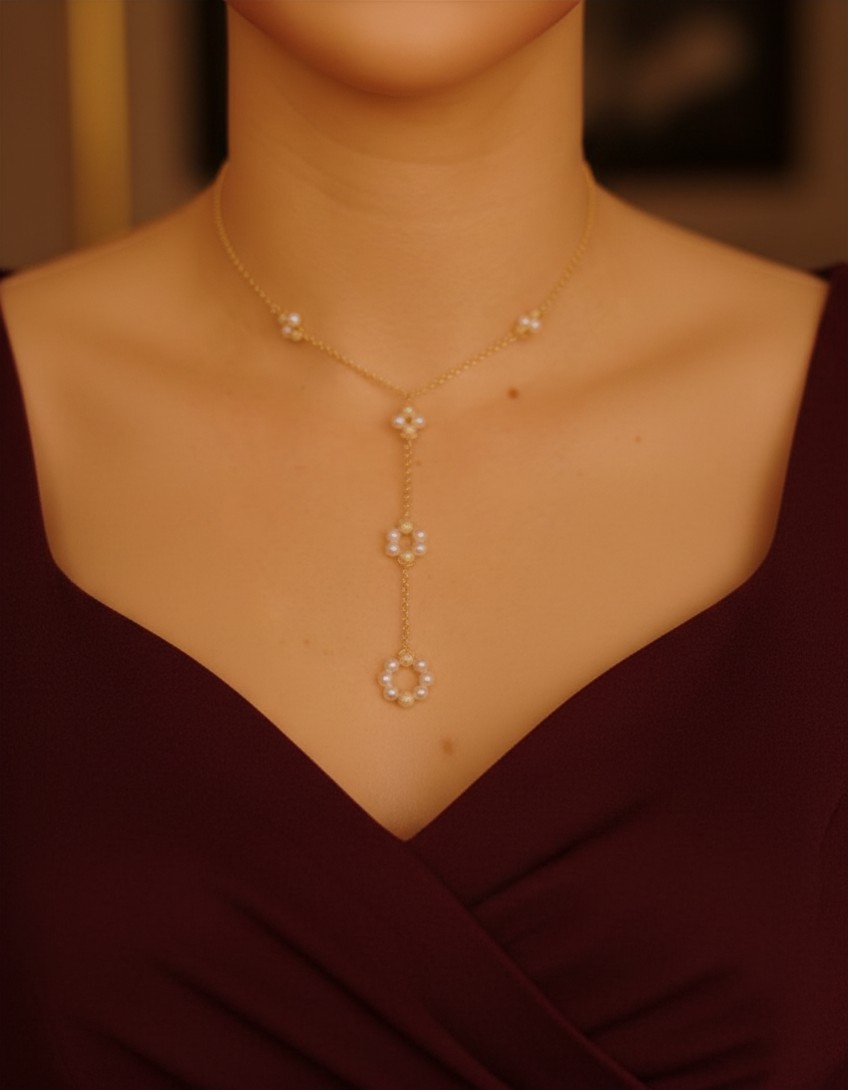 14K Gold Natural Pearl Y Necklace