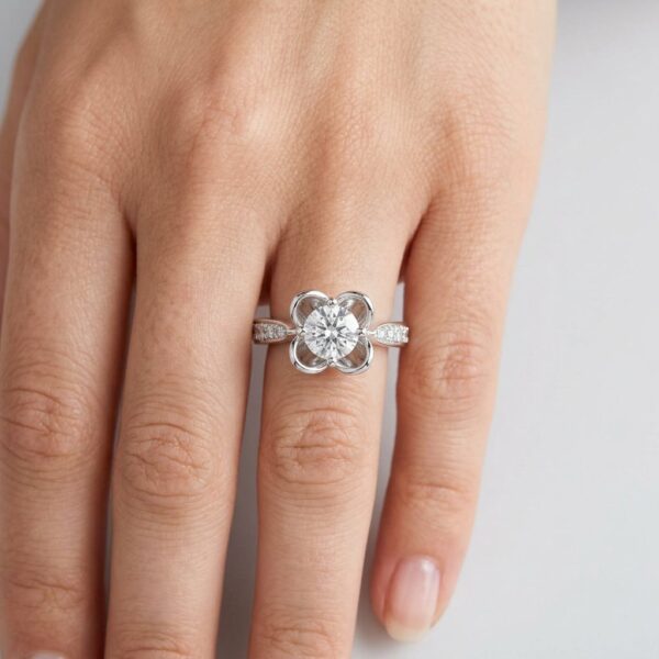 14K Yellow Gold Round Flower Diamond Engagement Ring