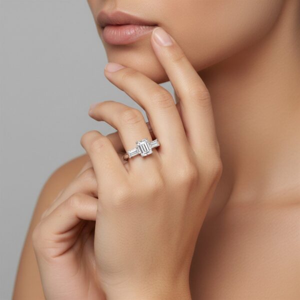 14K White Gold Emerald Three Stone Engagement Ring