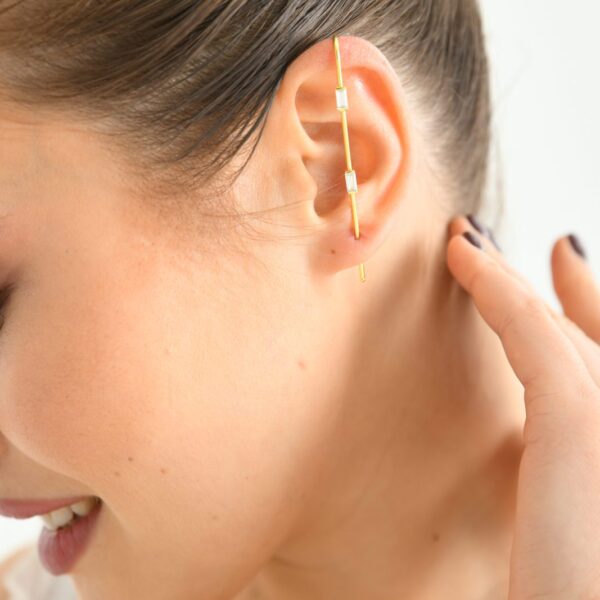 14K Gold Double Baguette Diamond Ear Climber Earrings
