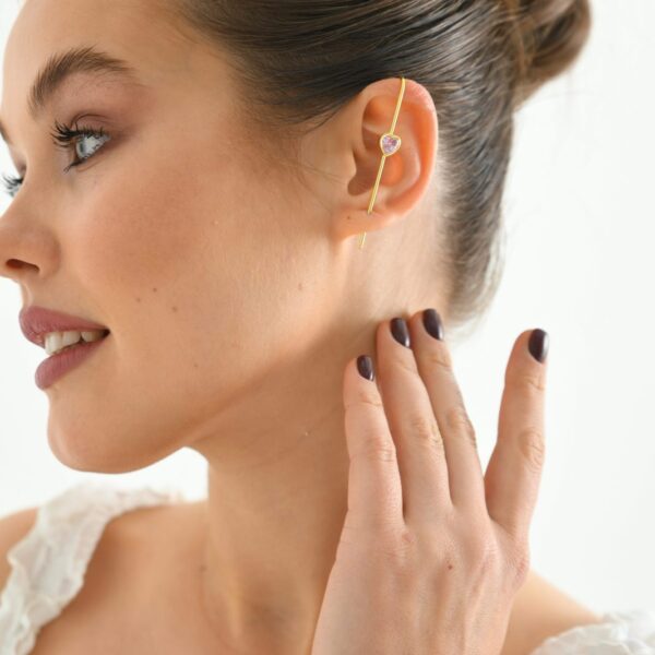 14K Gold Heart Cut Pink Sapphire Ear Climber Earrings